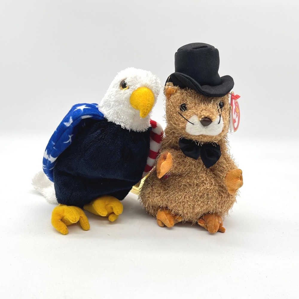 Ty Beanie Babies Soar Bald Eagle & Punxsutawney Phil Groundhog Plush Lot of 2